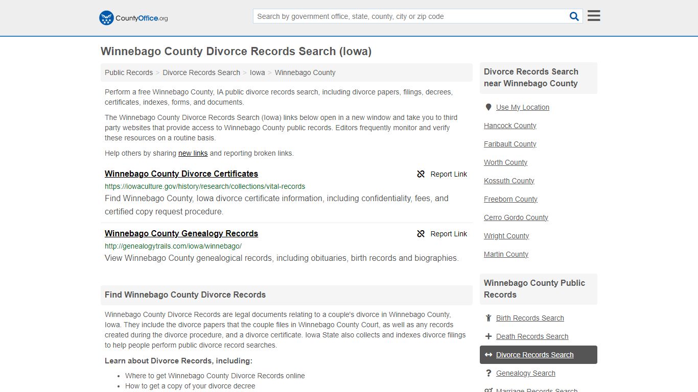 Winnebago County Divorce Records Search (Iowa) - County Office